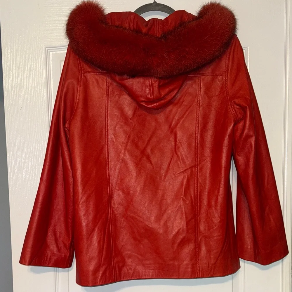 Women's Red Leather Jacket with fox Fur around the hood🥰 - Picture 4 of 14
